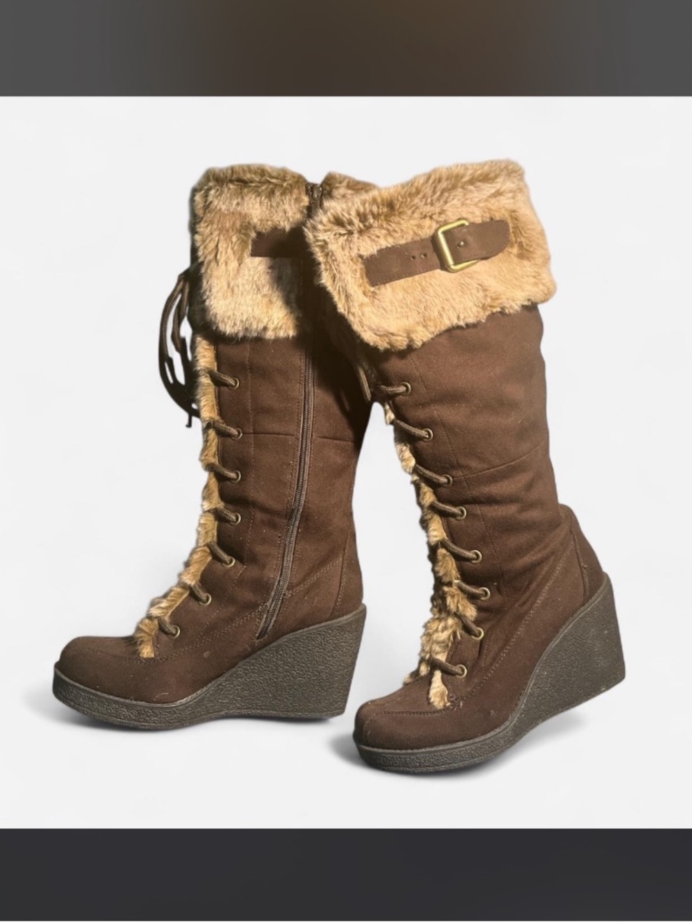 So Wear It Declare It Brown Faux Fur Lace-Up Wedge Boots